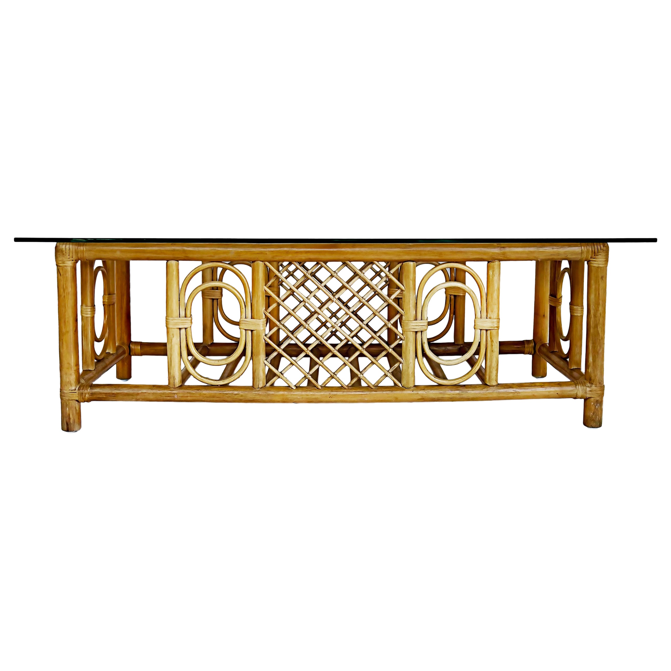 Vintage Coastal Rattan Coffee Cocktail Table with Glass Top  For Sale