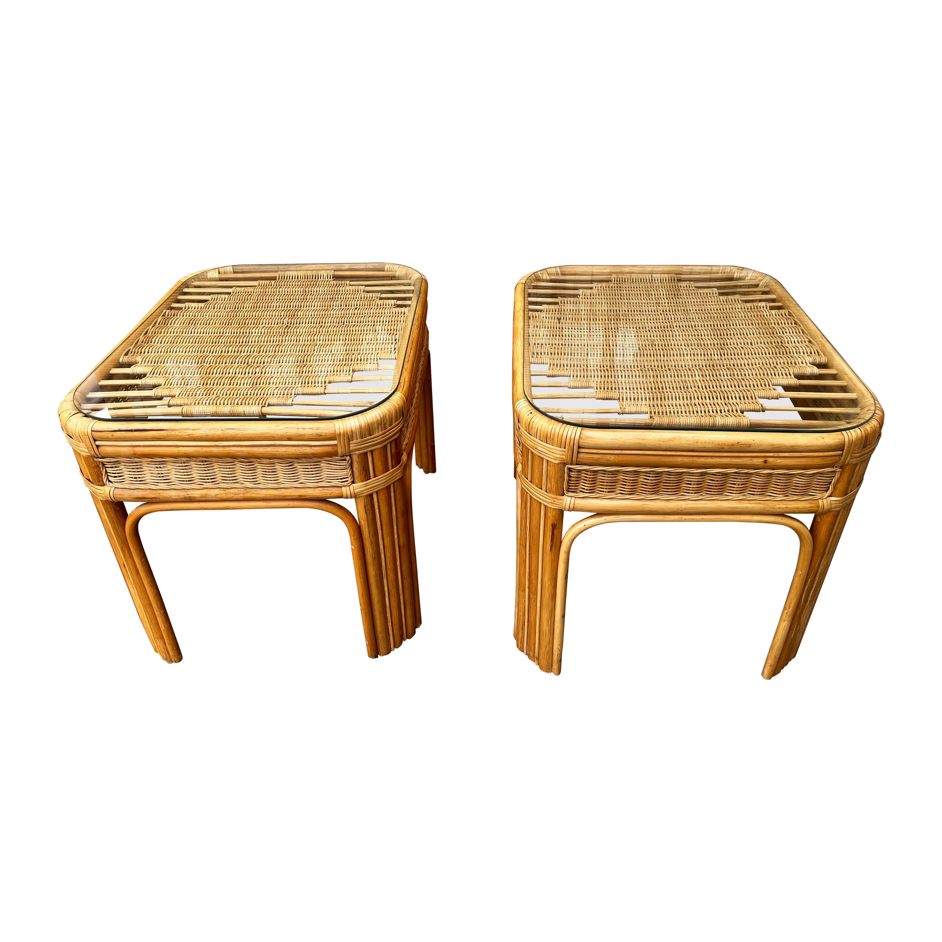 Pair of Large Late 20th Century Coastal Style Weaved Rattan Side Tables