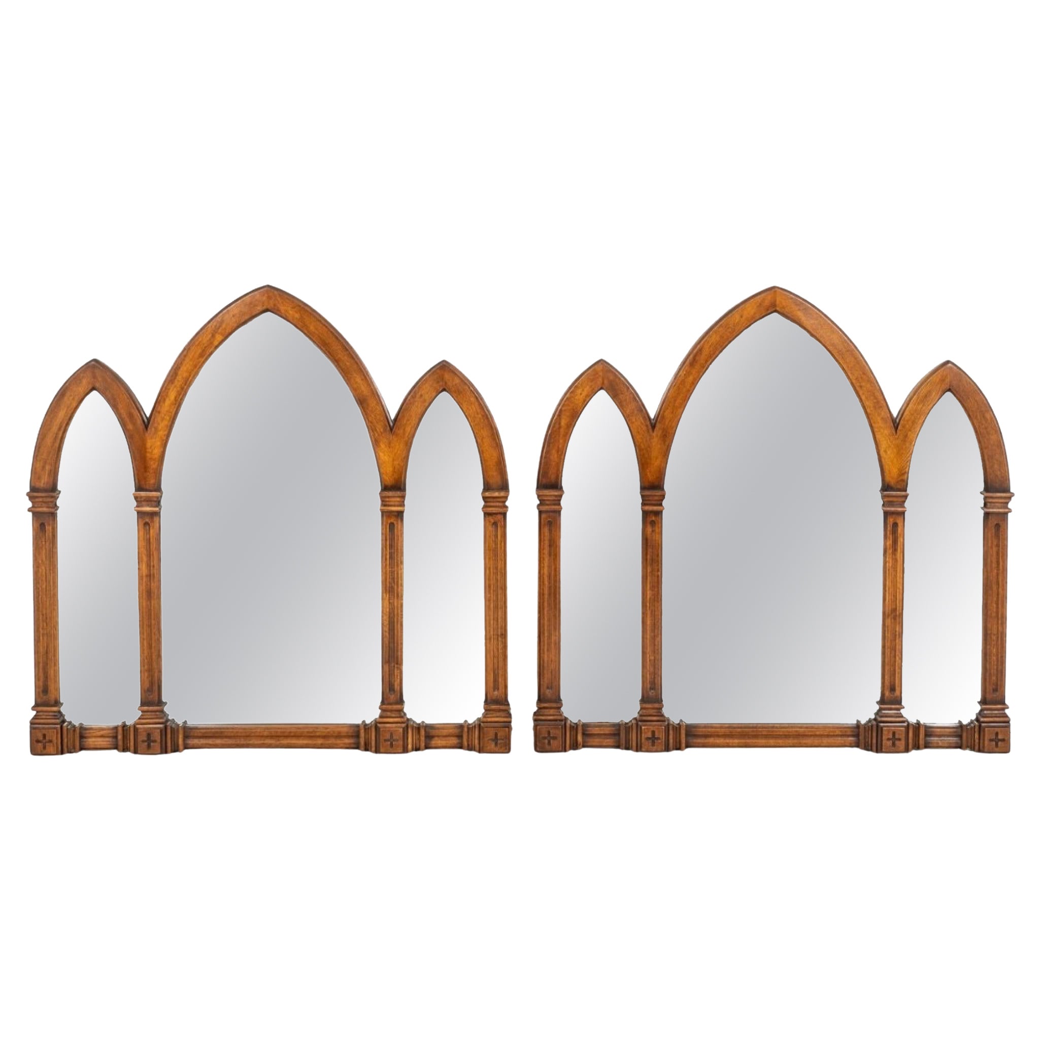Pair Gothic Mirrors Oak Overmantle Antique