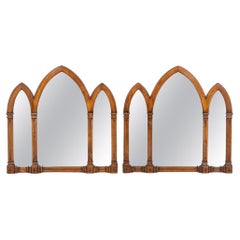 Pair Gothic Mirrors Oak Overmantle Antique