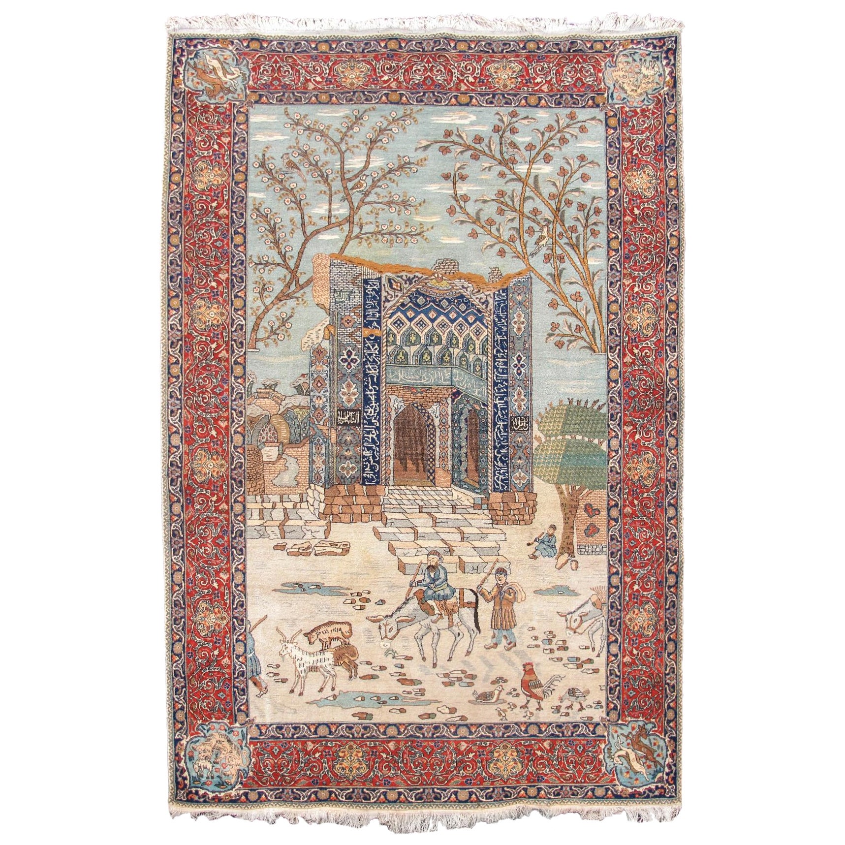 Persian Tabriz Pictorial Rug, c. 1960 For Sale