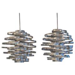 Pair of Chromed Aluminum Cyclone Chandeliers, Italy, 1970s