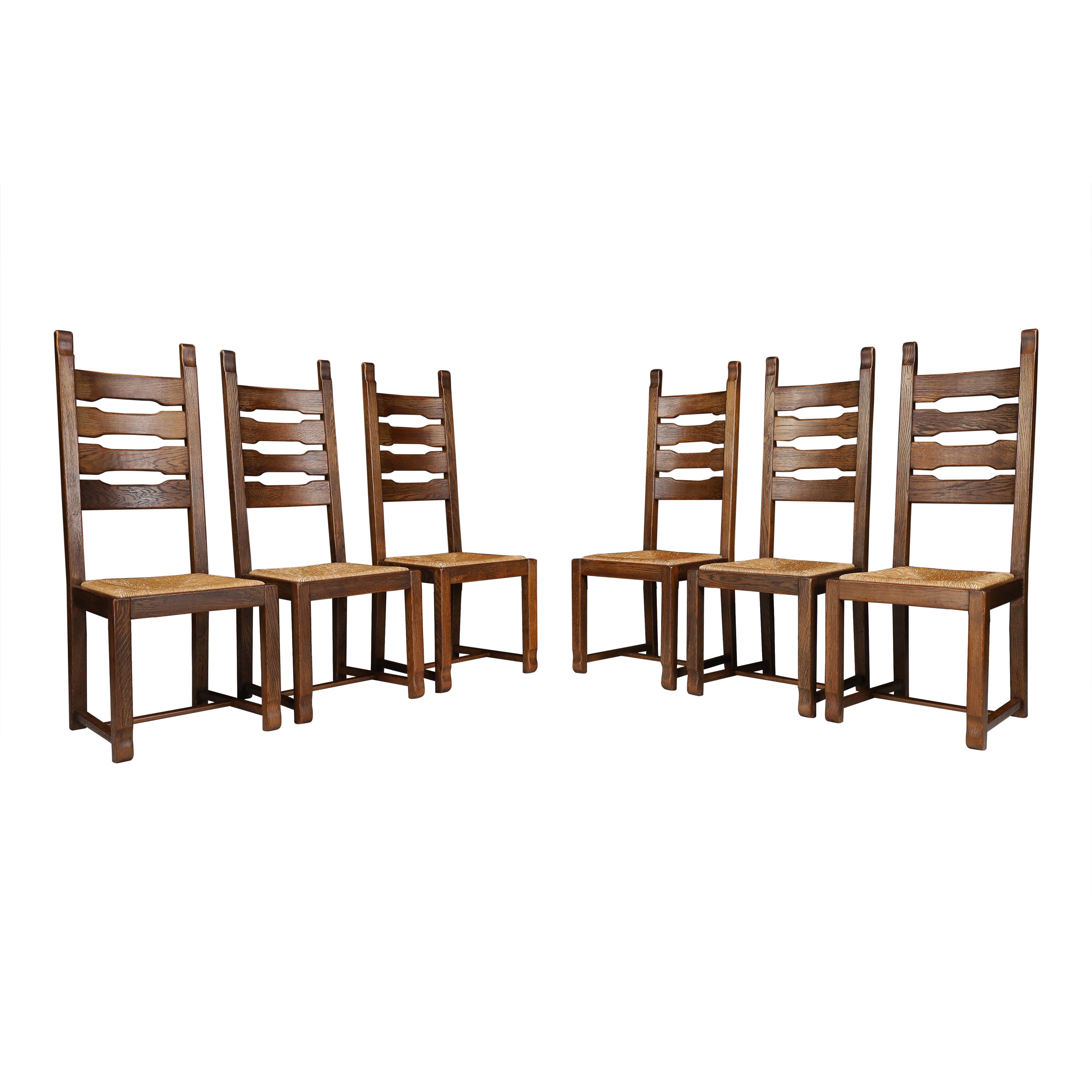 Oak and Rush High Back Dining Chairs, France, 1960s