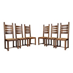 Oak and Rush High Back Dining Chairs, France, 1960s