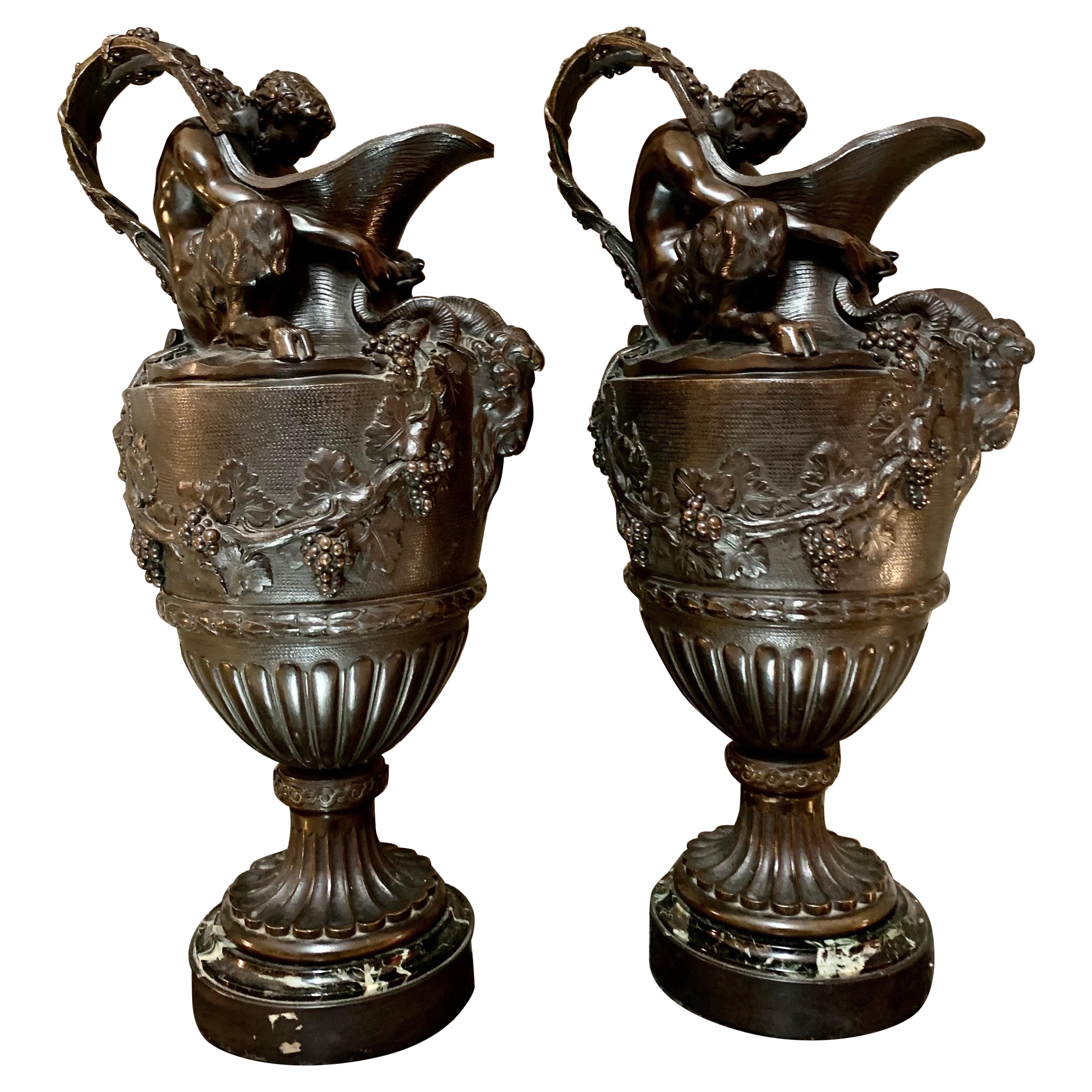 Pair of French Patinated Bronze Vases Urns Clodion Style For Sale