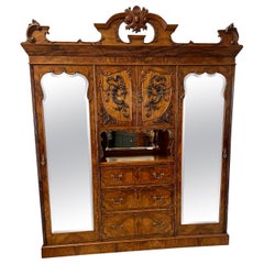 Outstanding Quality Large Antique Burr Walnut and Olive Wood Carved Wardrobe