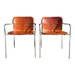Pair of Leather and Tubular Steel Armchairs by Fasem in, Italy