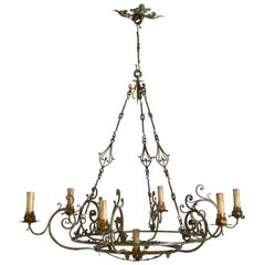Vintage Italian, Milanese, Intricately Wrought & Painted Iron 7-Light Chandelier, 1930s