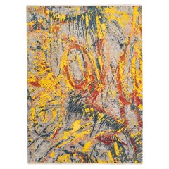 Tapis tibétaine contemporain jaune abstrait en laine et soie