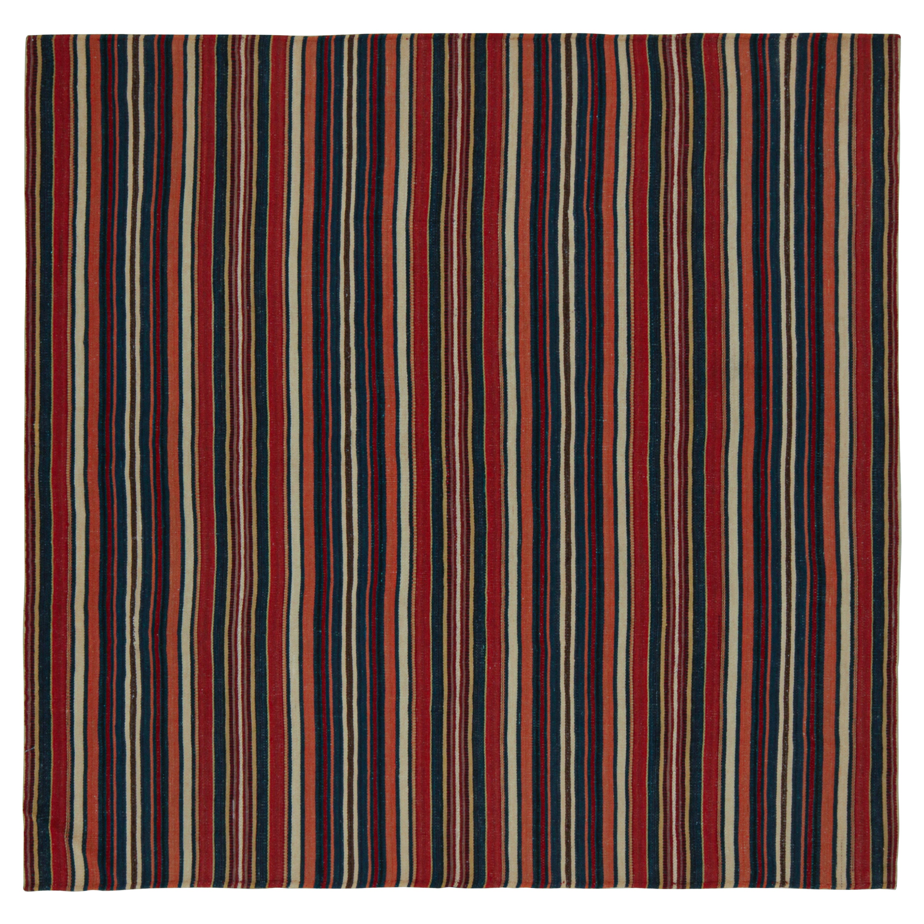 Vintage Persian Square Kilim in Red and Beige-Brown Stripes by Rug & Kilim For Sale