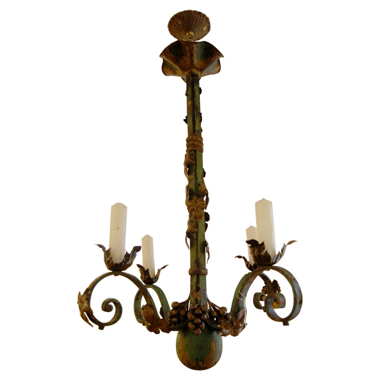 English Early 20th Century Iron Chandelier with Grape Motif, Original Paint