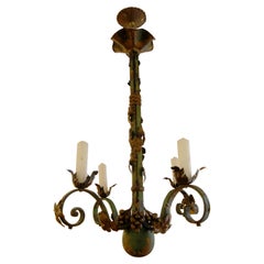Antique English Early 20th Century Iron Chandelier with Grape Motif, Original Paint