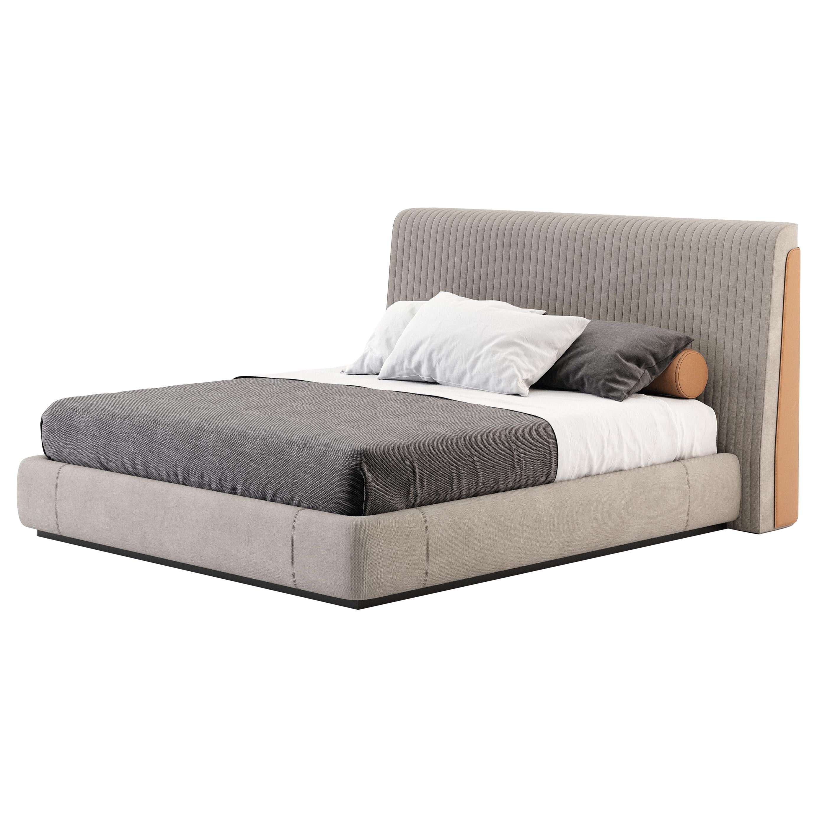 Sein Bett in Doppelgröße aus Leder und Textilien, Art déco-Stil im Angebot