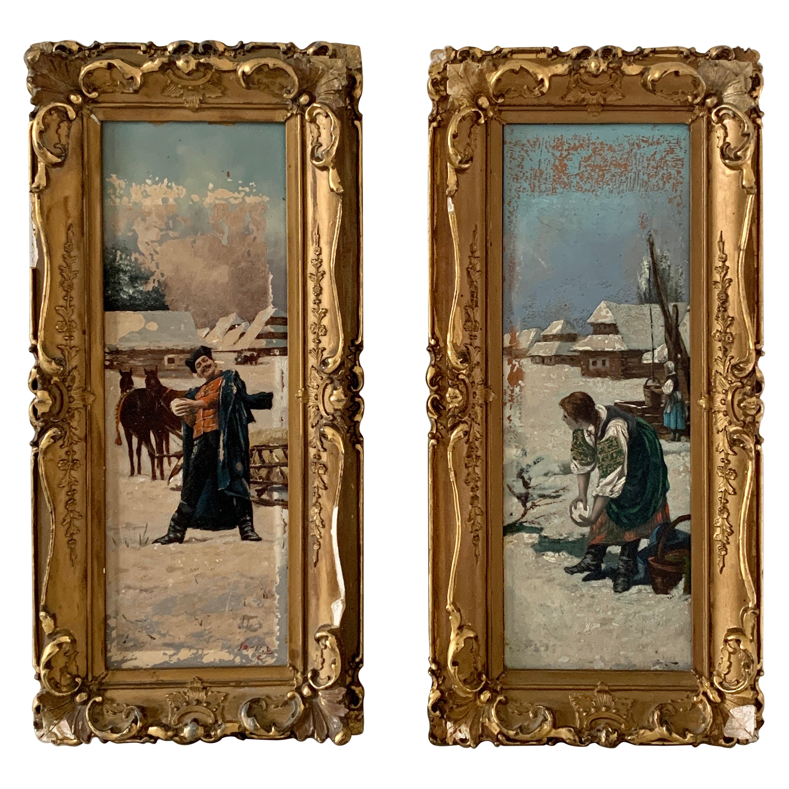 Antique 19th Century Russian Framed Oil on Board Paintings of a Snowball Fight For Sale