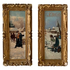 Antique 19th Century Russian Framed Oil on Board Paintings of a Snowball Fight