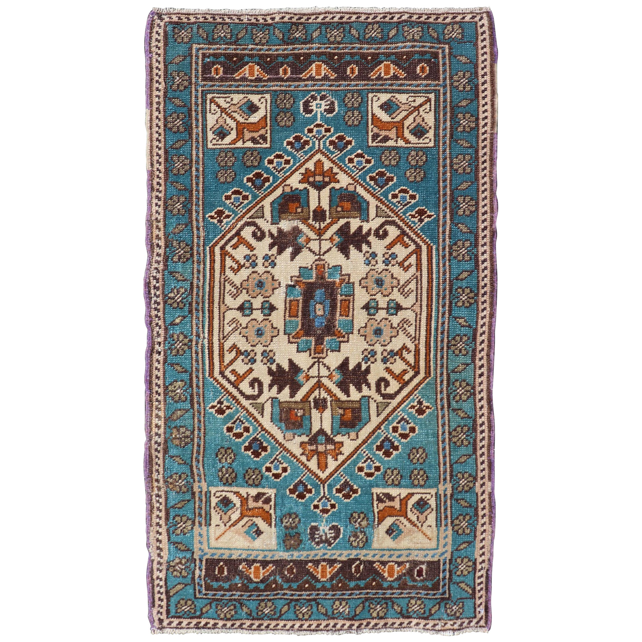 Vintage Turkish Oushak Rug in Teal Color with Geometric Medallion Design  For Sale