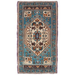 Retro Turkish Oushak Rug in Teal Color with Geometric Medallion Design 