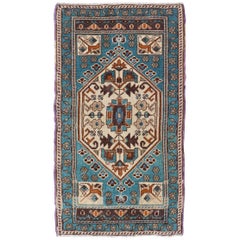 Vintage Turkish Oushak Rug in Teal Color with Geometric Medallion Design 