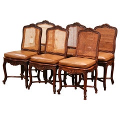 19th Century French Louis XV Carved Walnut and Cane Chairs, Set of Six