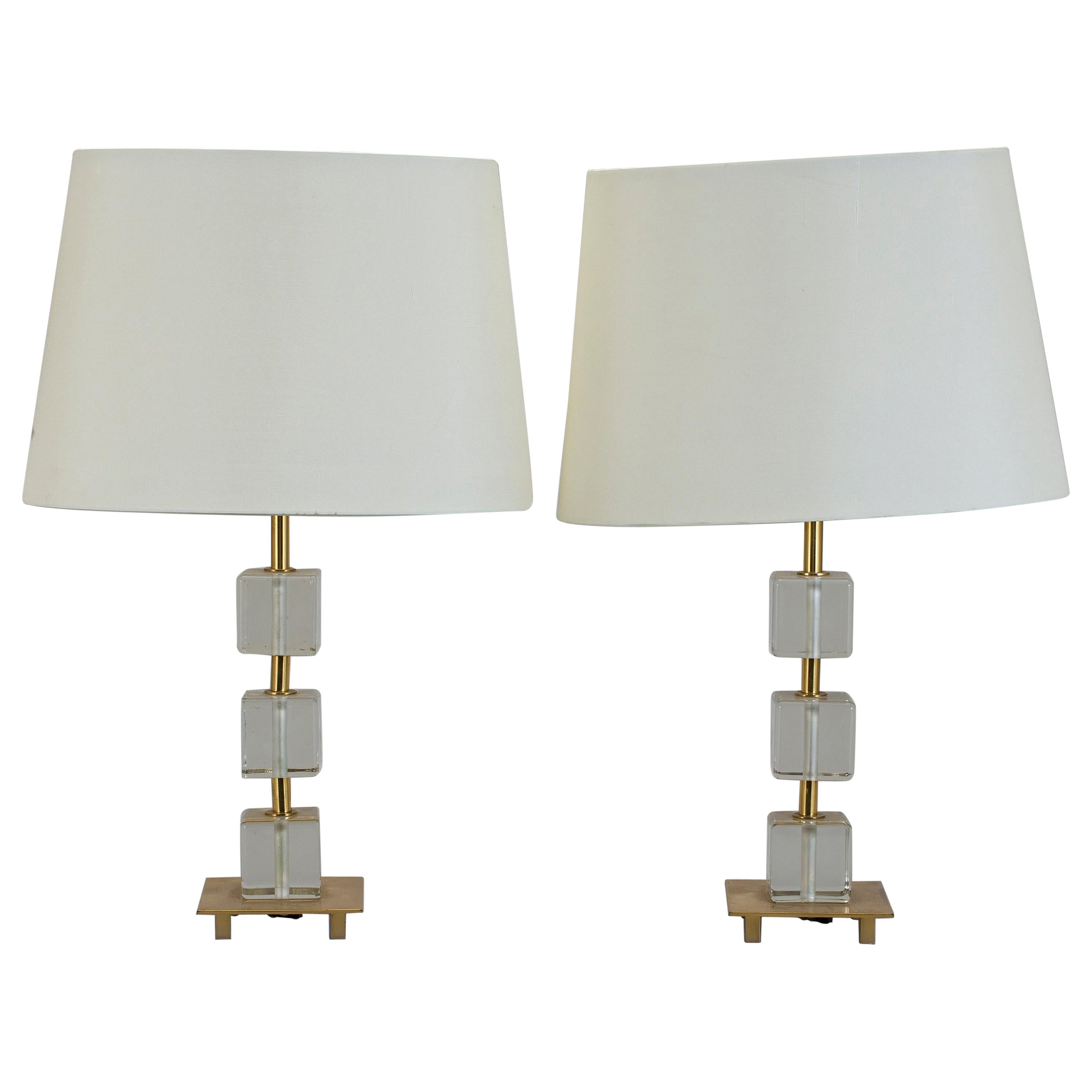 Glass and Brass Pair of Table Lamps by Malmo Metallvarufabrik, Sweden, 1960 For Sale