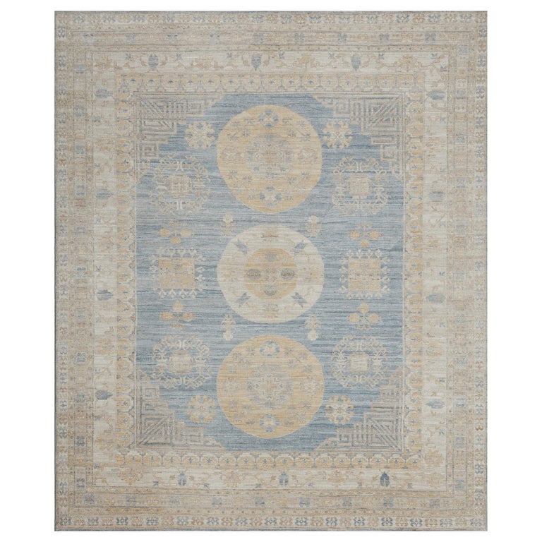 PaleBlue Wool Handwoven Revival Khotan Rug For Sale at 1stDibs