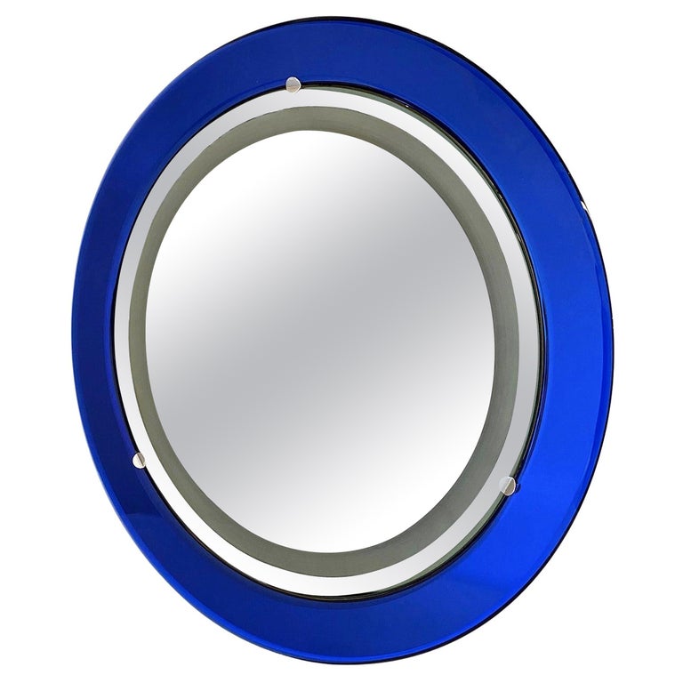 20th Century Blue Italian Illuminated Round Wall Glass Mirror by
