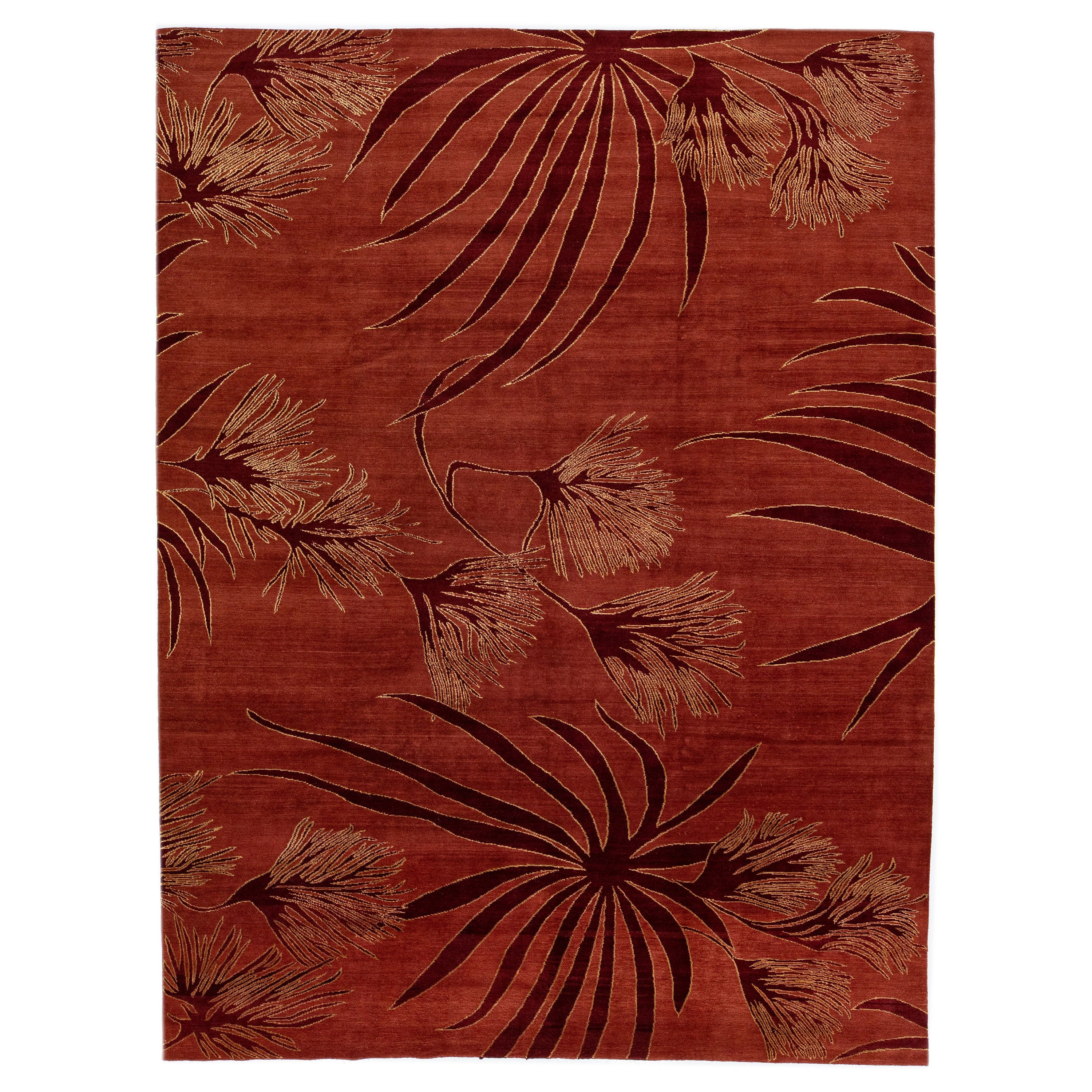 Modern Tibetan Handmade Maroon Wool and Silk Rug with Floral Design For Sale