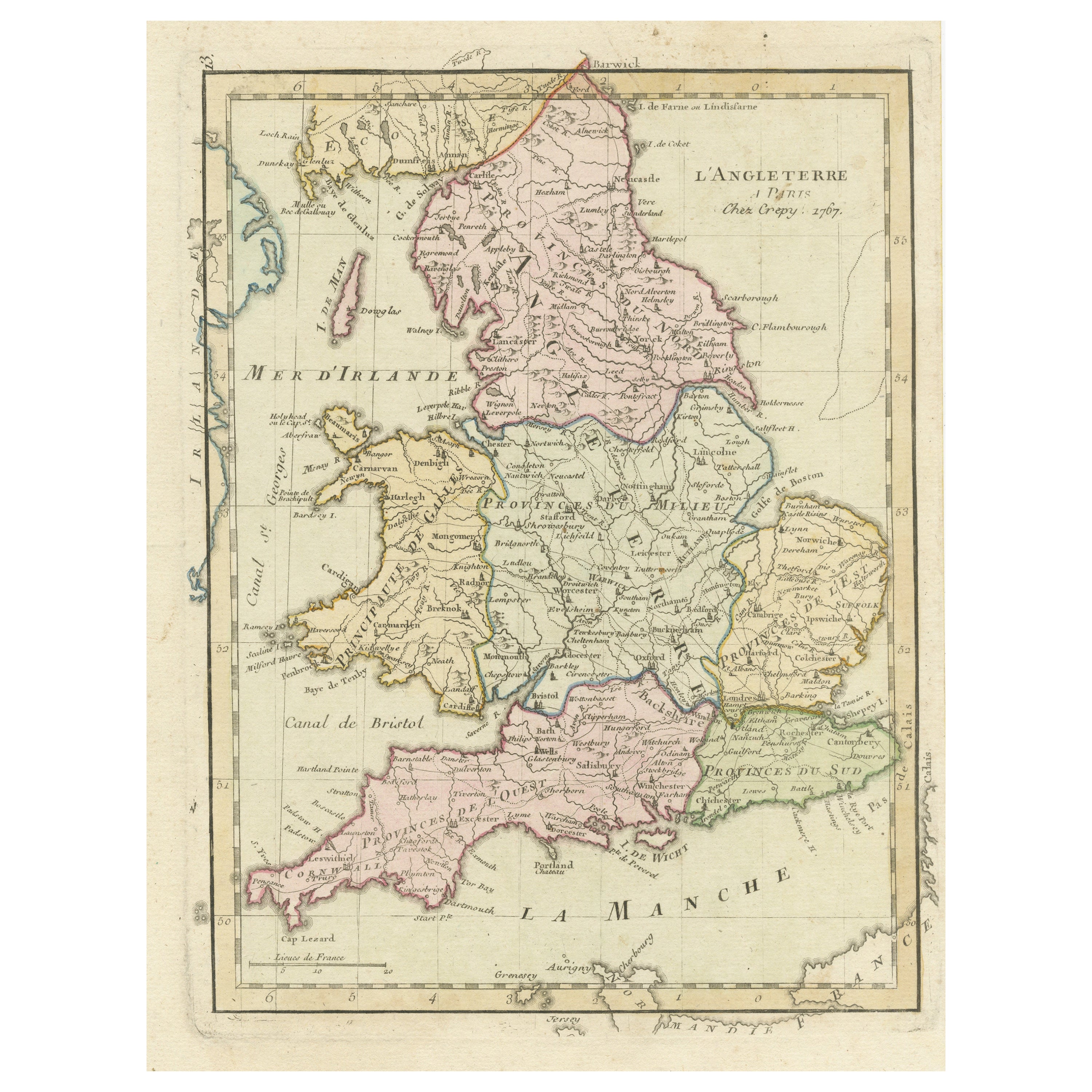 Carte ancienne d'Angleterre avec coloration à la main contemporaine en vente