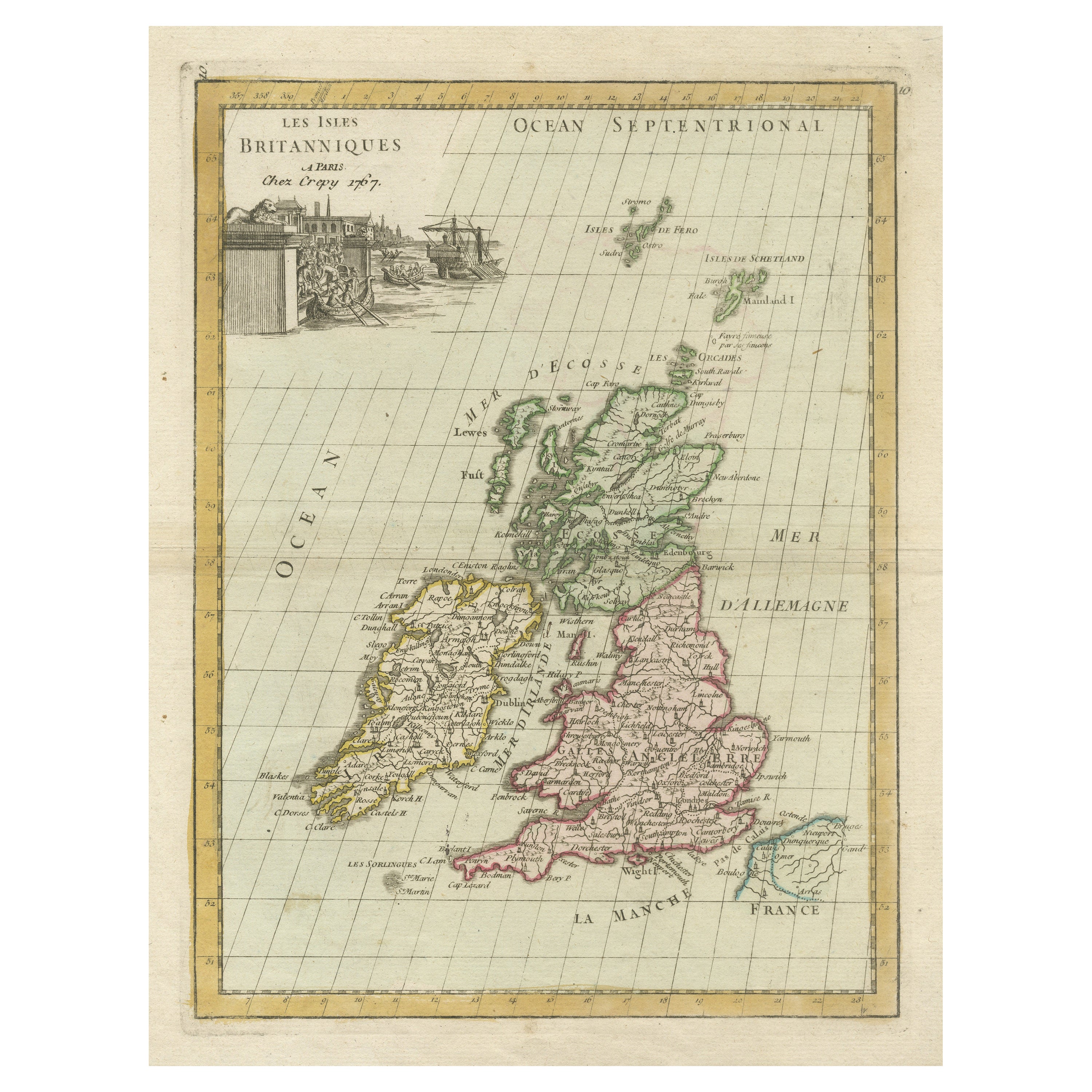 Antique Map of the British Isles with Contemporary Hand Coloring For Sale