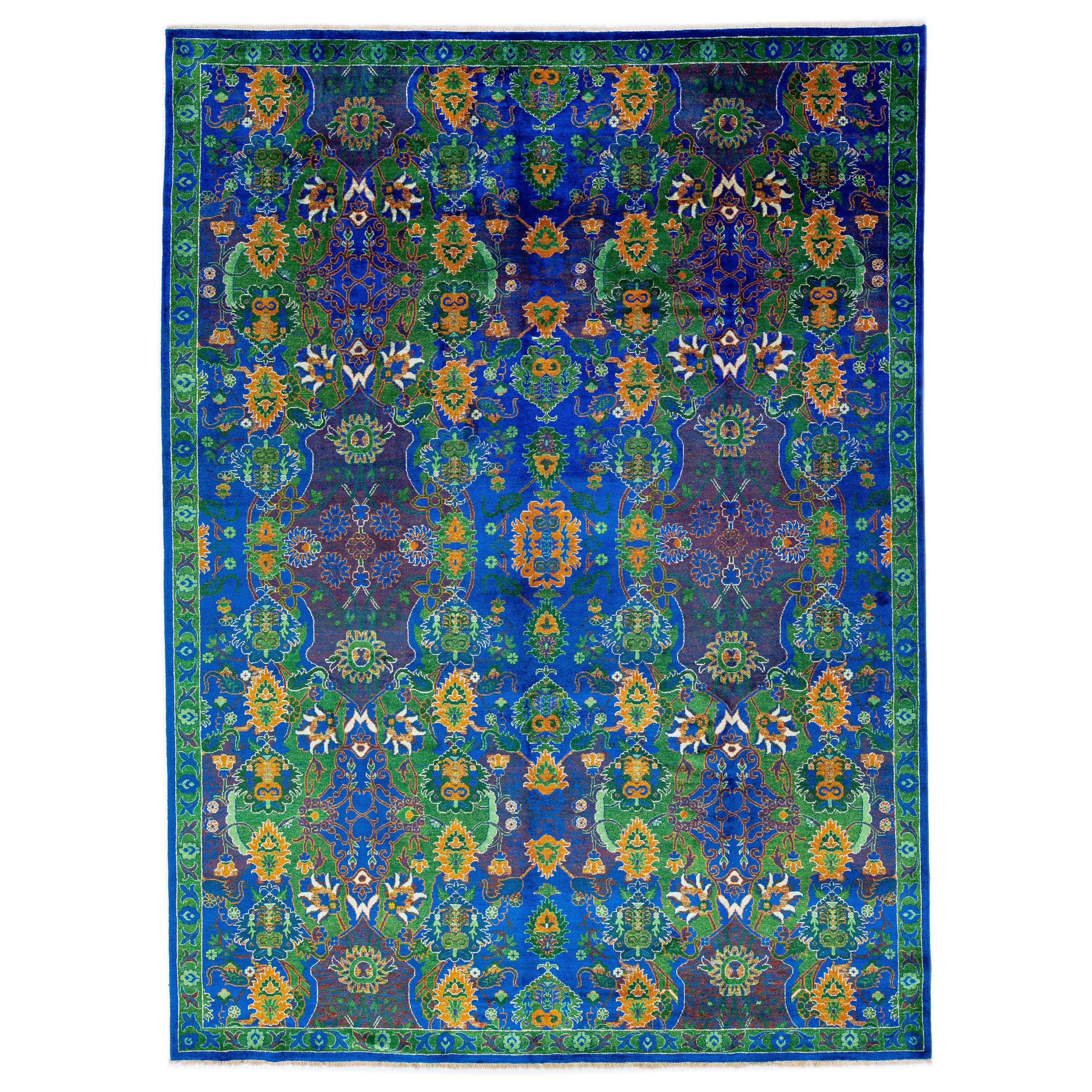 Contemporary Transitional Handmade Wool Rug with Blue and Green Floral Pattern For Sale