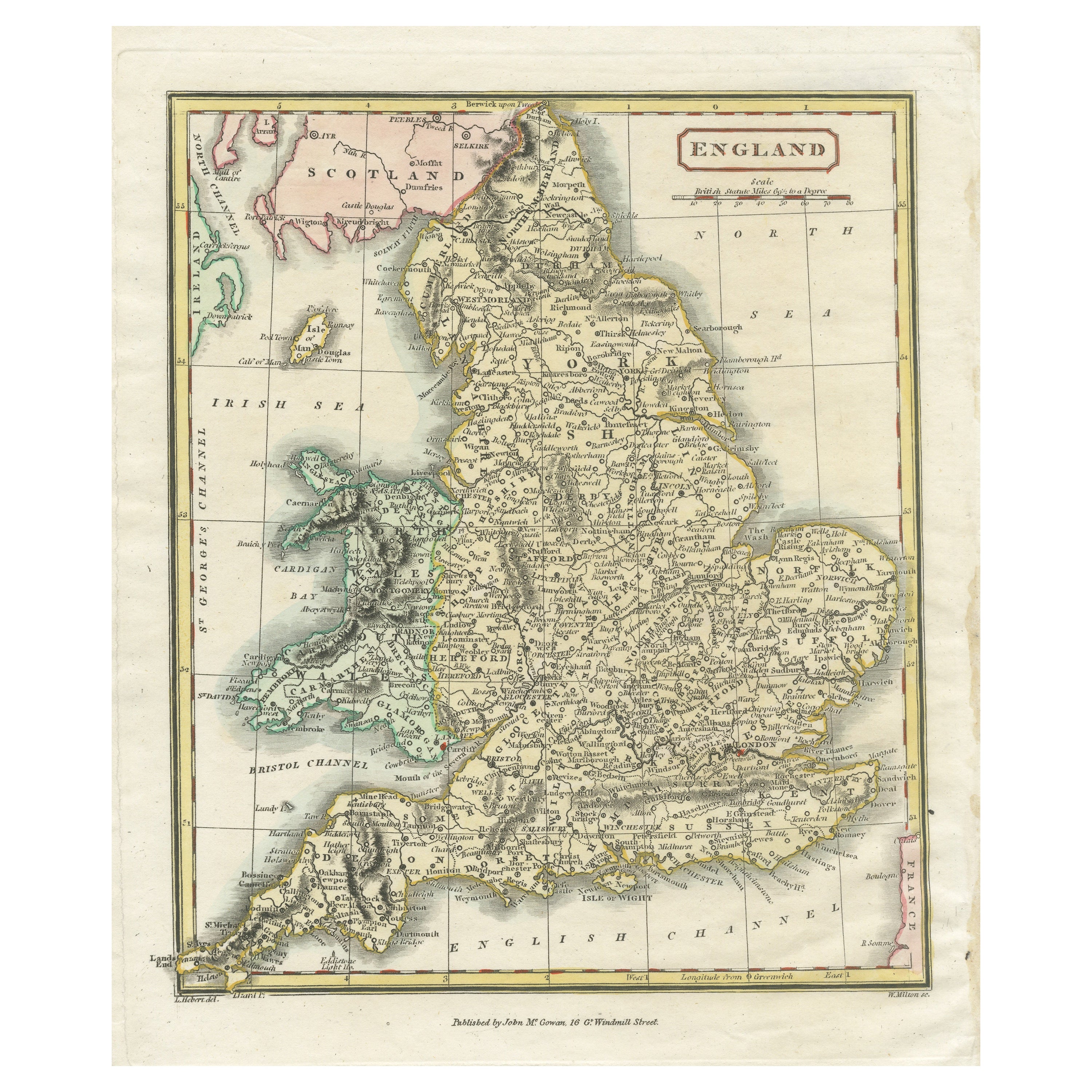Carte originale et ancienne d'Angleterre avec coloration à la main