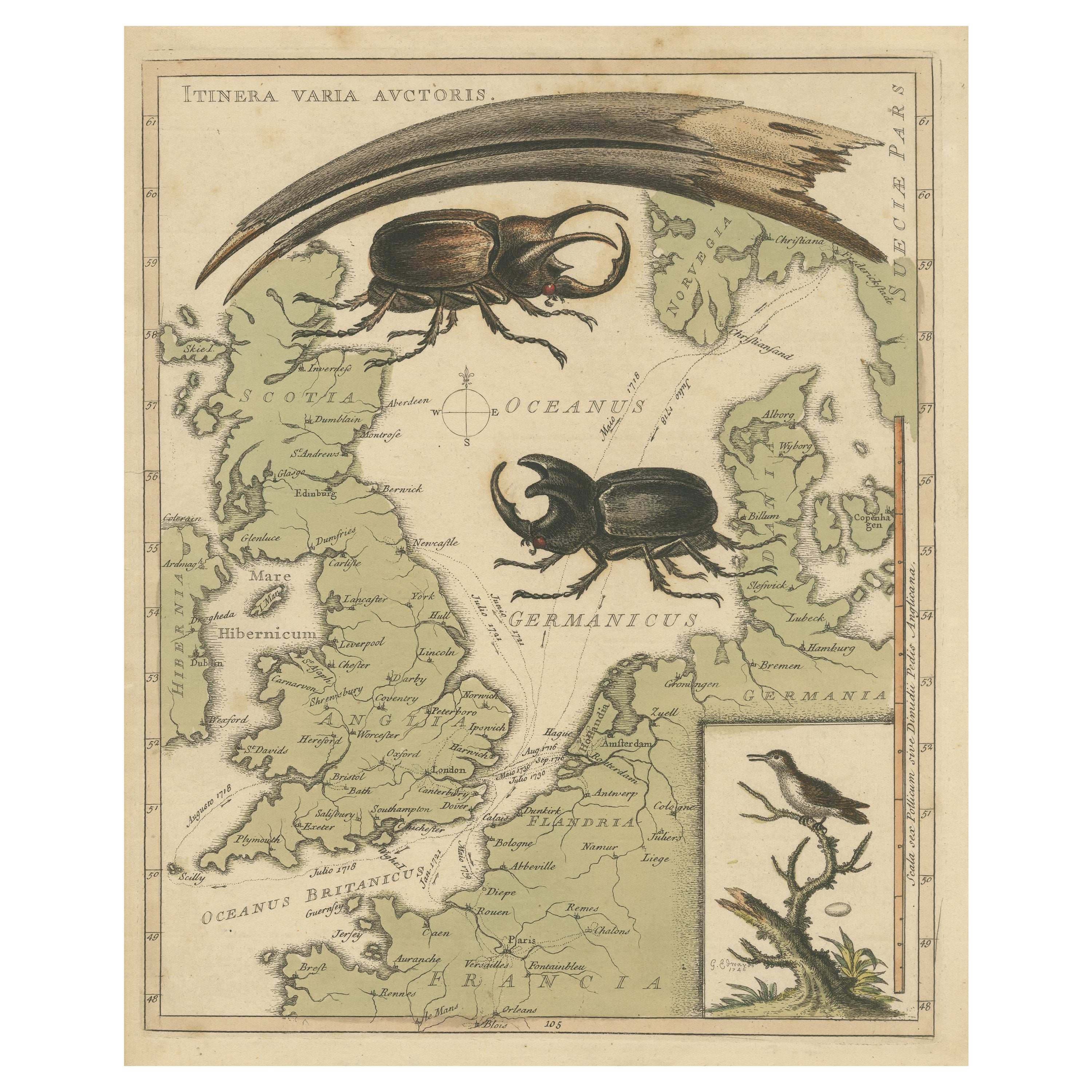 Interesting Map of Great Britain and Northern Europe with various Illustrations