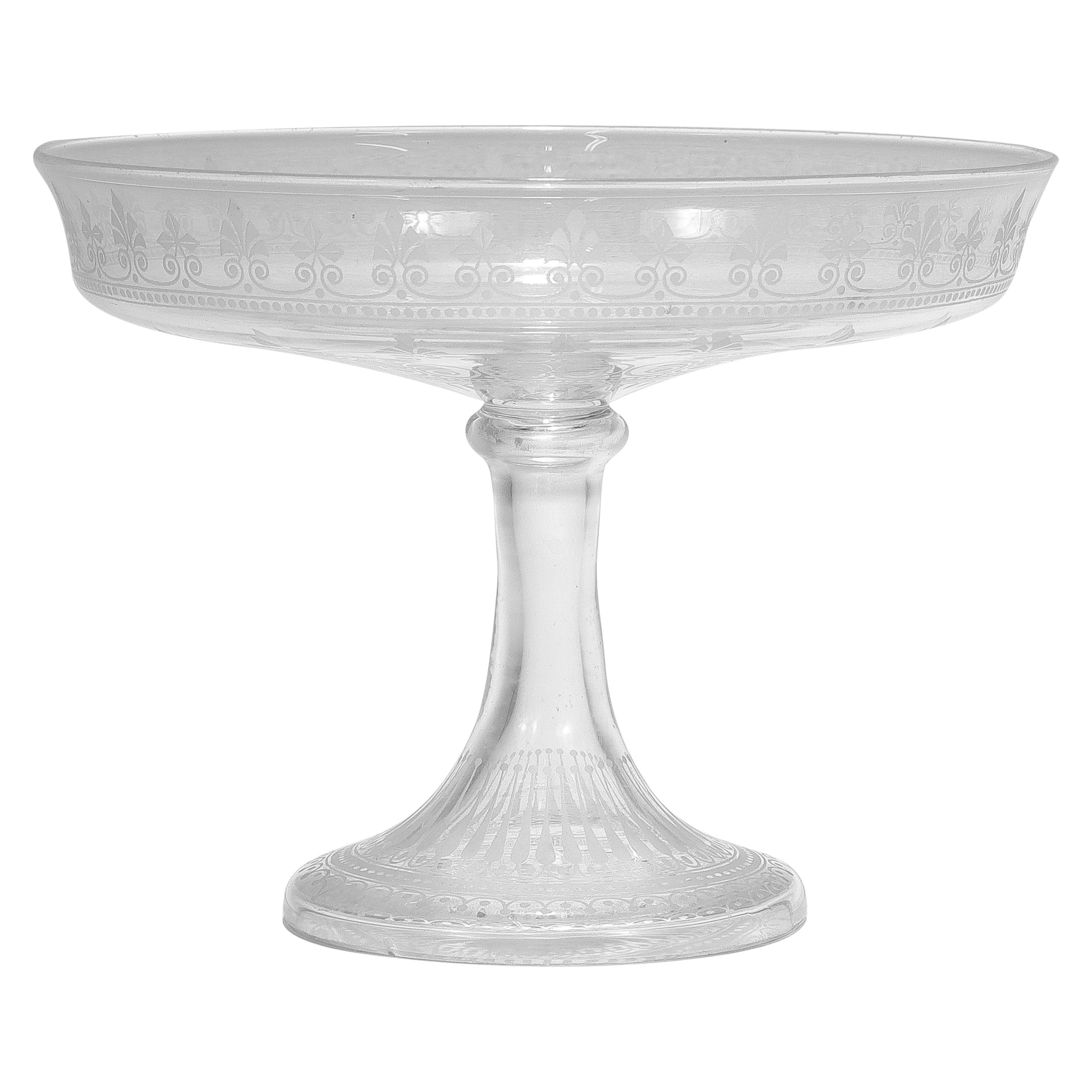 Antique Stourbridge Etched & Engraved Glass Footed Compote or Tazza For Sale