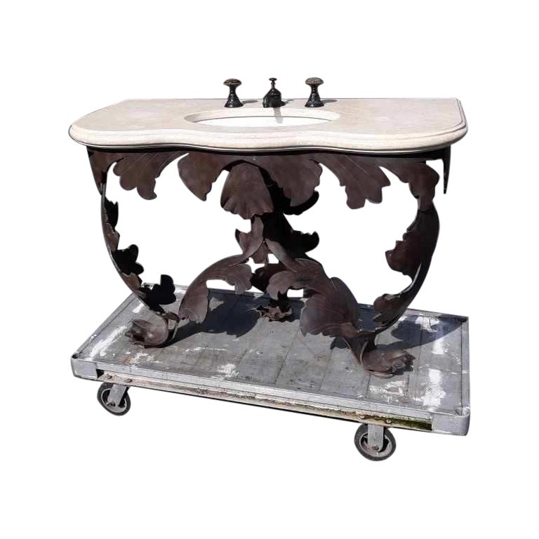 Grotto Design Iron, Marble and Bronze Bathroom Sink with THG Paris Faucet For Sale