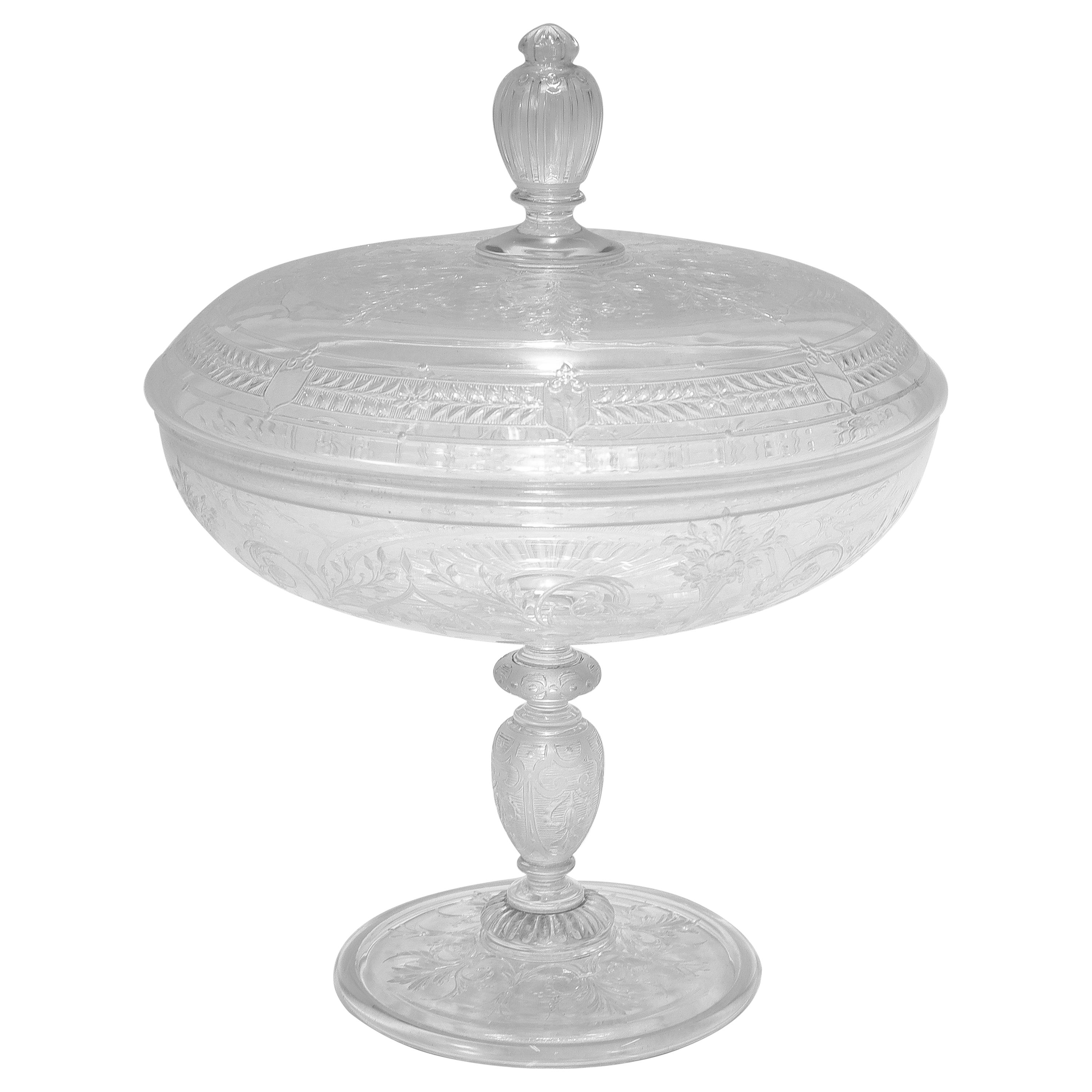 Antique Stourbridge Etched & Engraved Glass Lidded Compote or Tazza For Sale