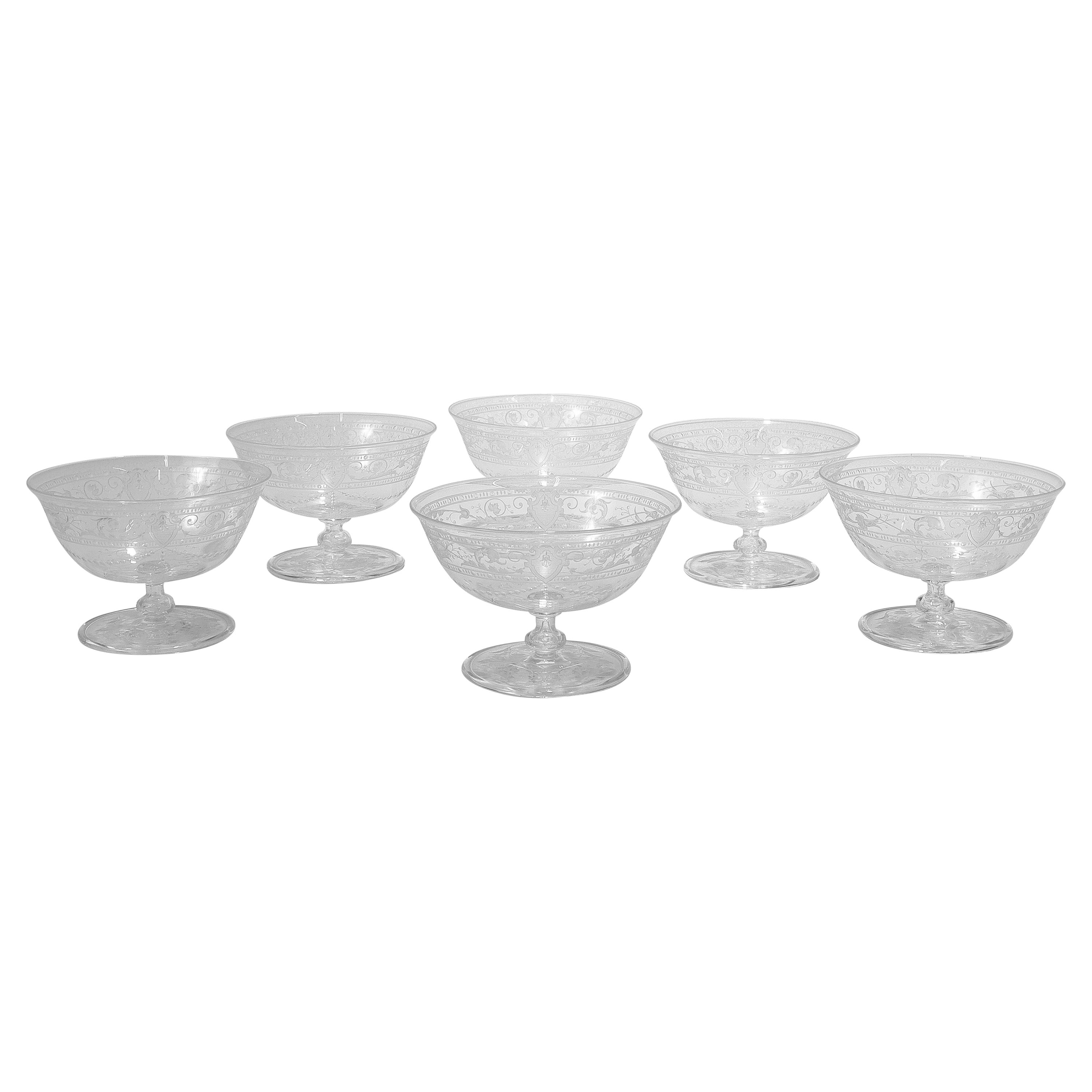 Set of 6 Antique Stourbridge Etched & Engraved Glass Sherbert Bowls For Sale