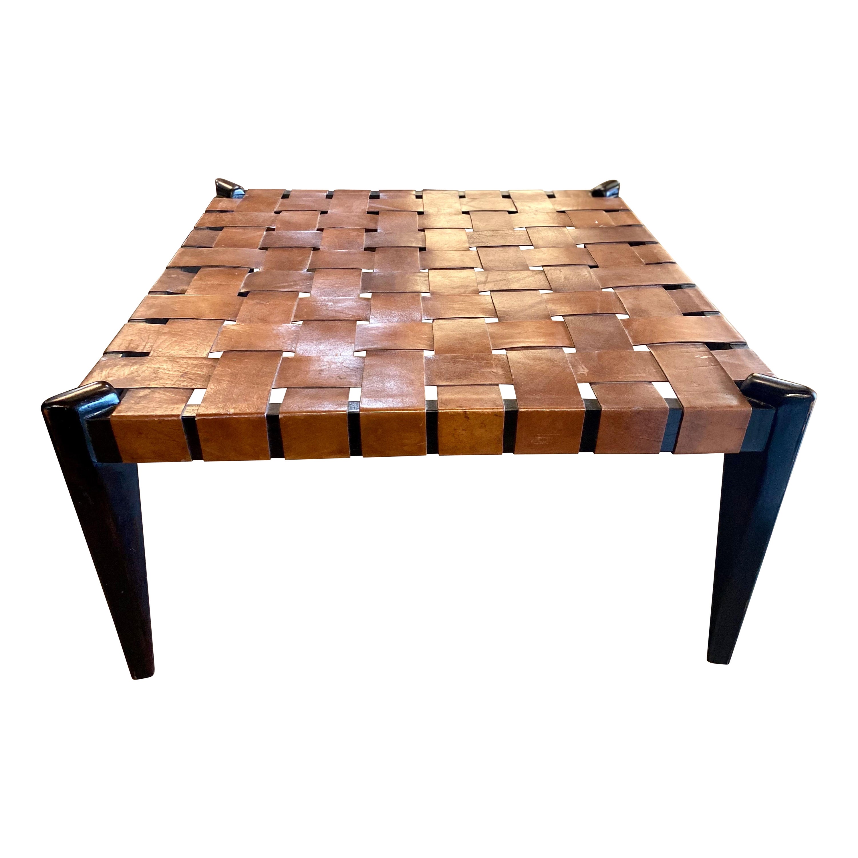 Mid-Century Modern Woven Leather Table in the Style of Edmond Spence im Angebot