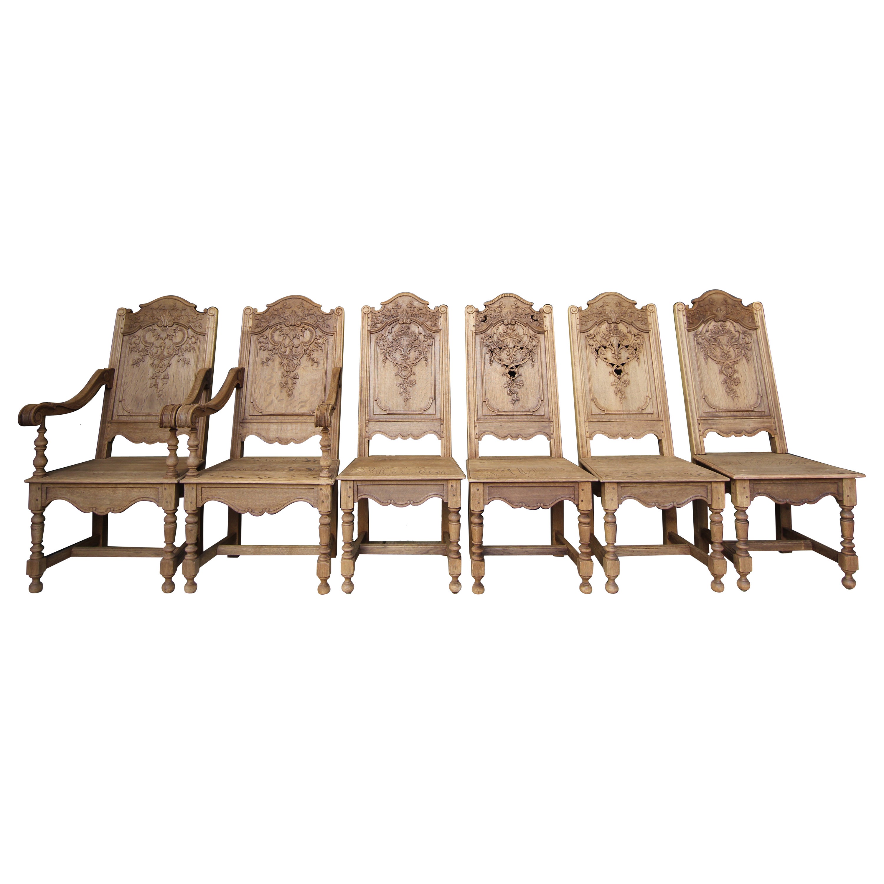 Early 20th Century Liégeoise Carved Stripped Oak Chairs, Set of 6