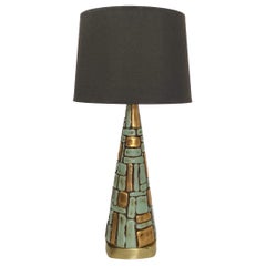 Retro Mid-Century Modern Sculptural Mosaic Turquoise & Gold Table Lamp 