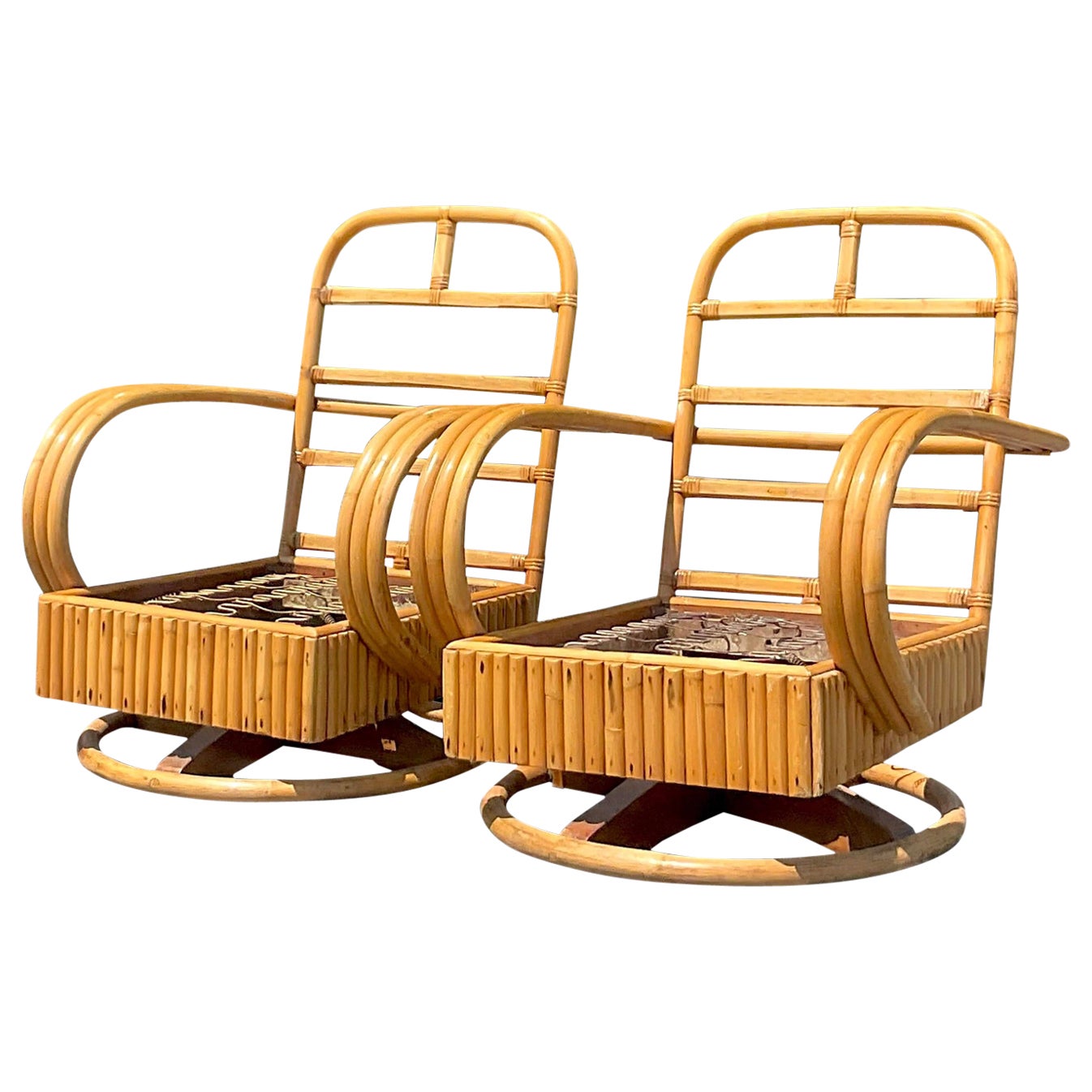 Vintage Coastal Rattan Swivel Chairs, a Pair