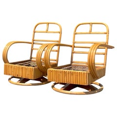 Vintage Coastal Rattan Swivel Chairs, a Pair