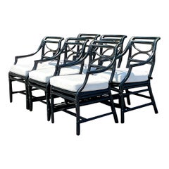Vintage Coastal McGuire Black Rattan Dining Chairs, Set of Six