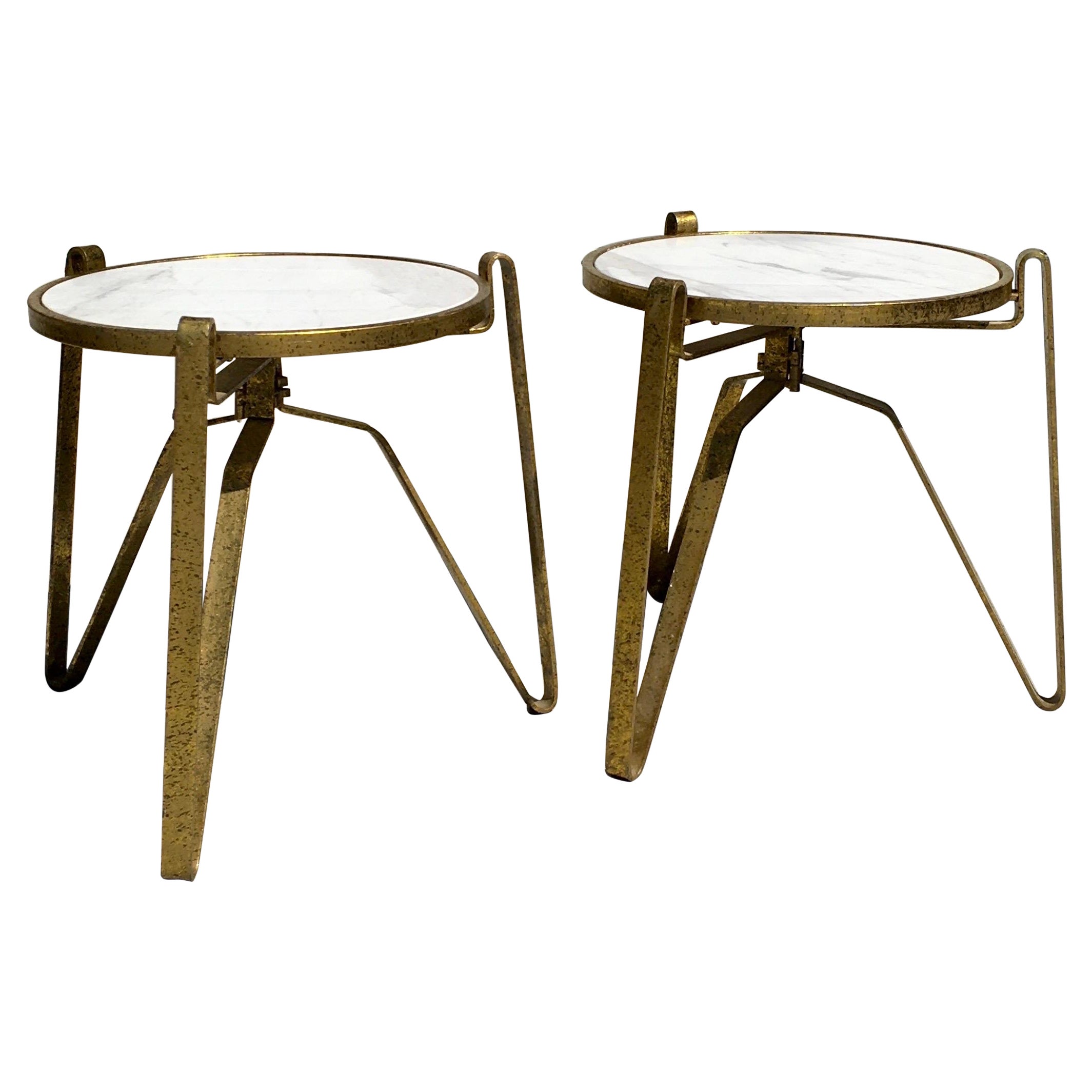Pair of Italian Modernist Style Marble and Gold Leaf Metal Side Tables