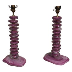 Pair of Modern Murano Hand Blown Violet/Purple Glass Table Lamps Signed