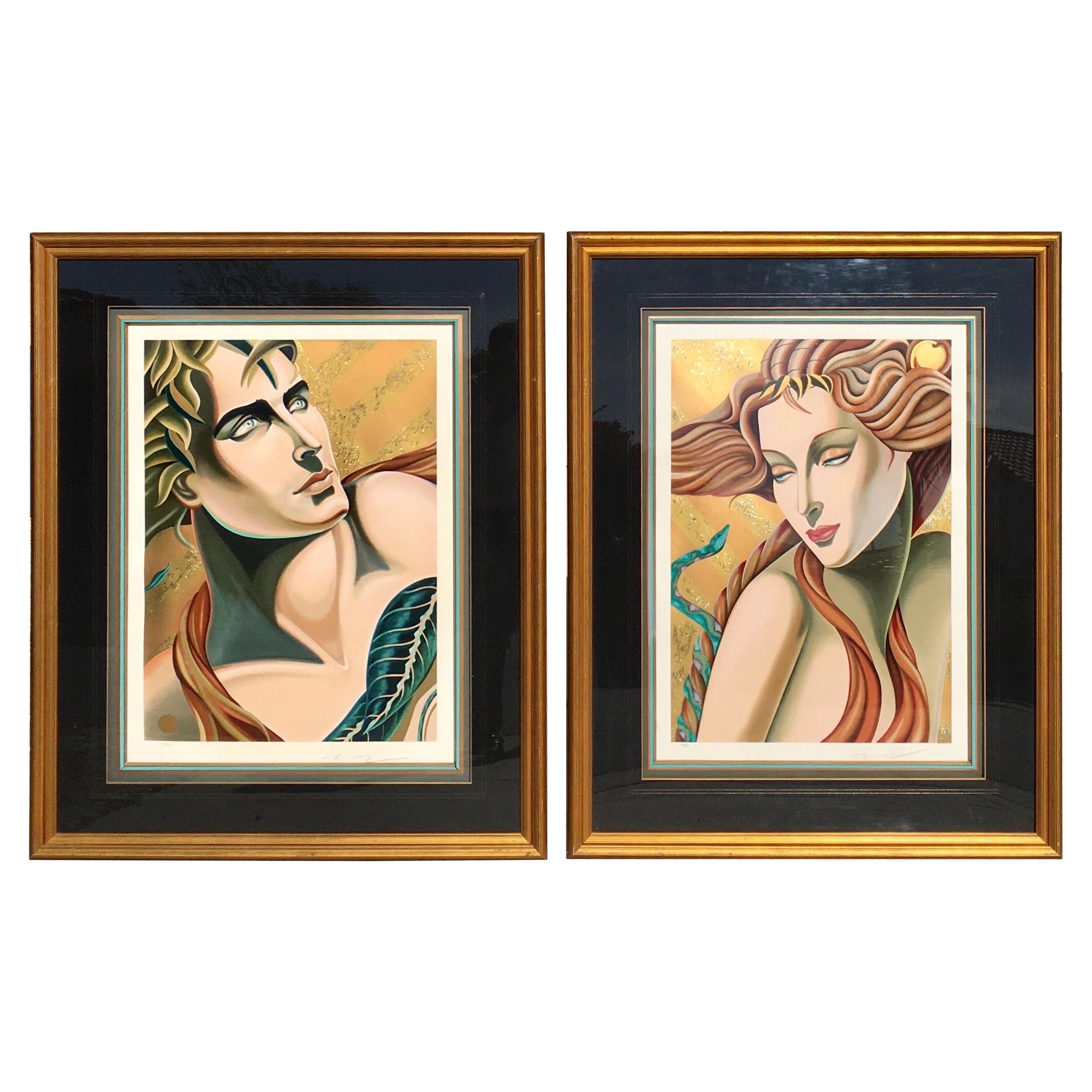 Paire de portraits d'Adam et Ève encadrés par l'artiste Moser, style Art Déco moderne et de luxe