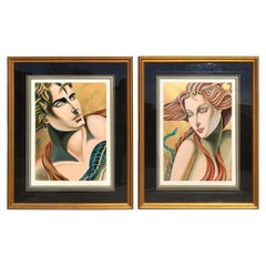 Vintage Art Deco Adam & Eve Diptych by Artist Moser NYC Modern Luxe Framed