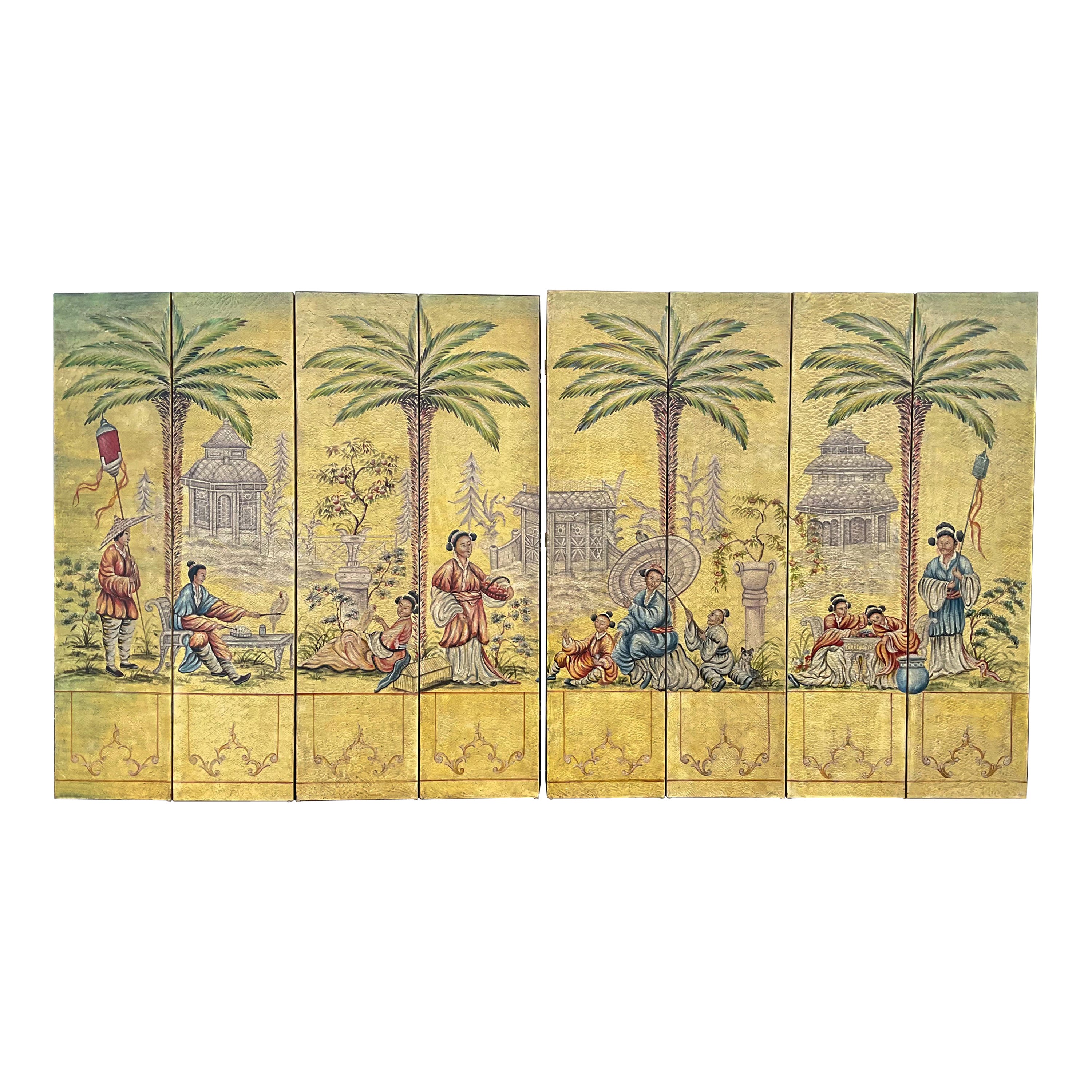20e siècle. Paravent peint d'inspiration chinoiseries inspiré de Palm Beach - 8 panneaux
