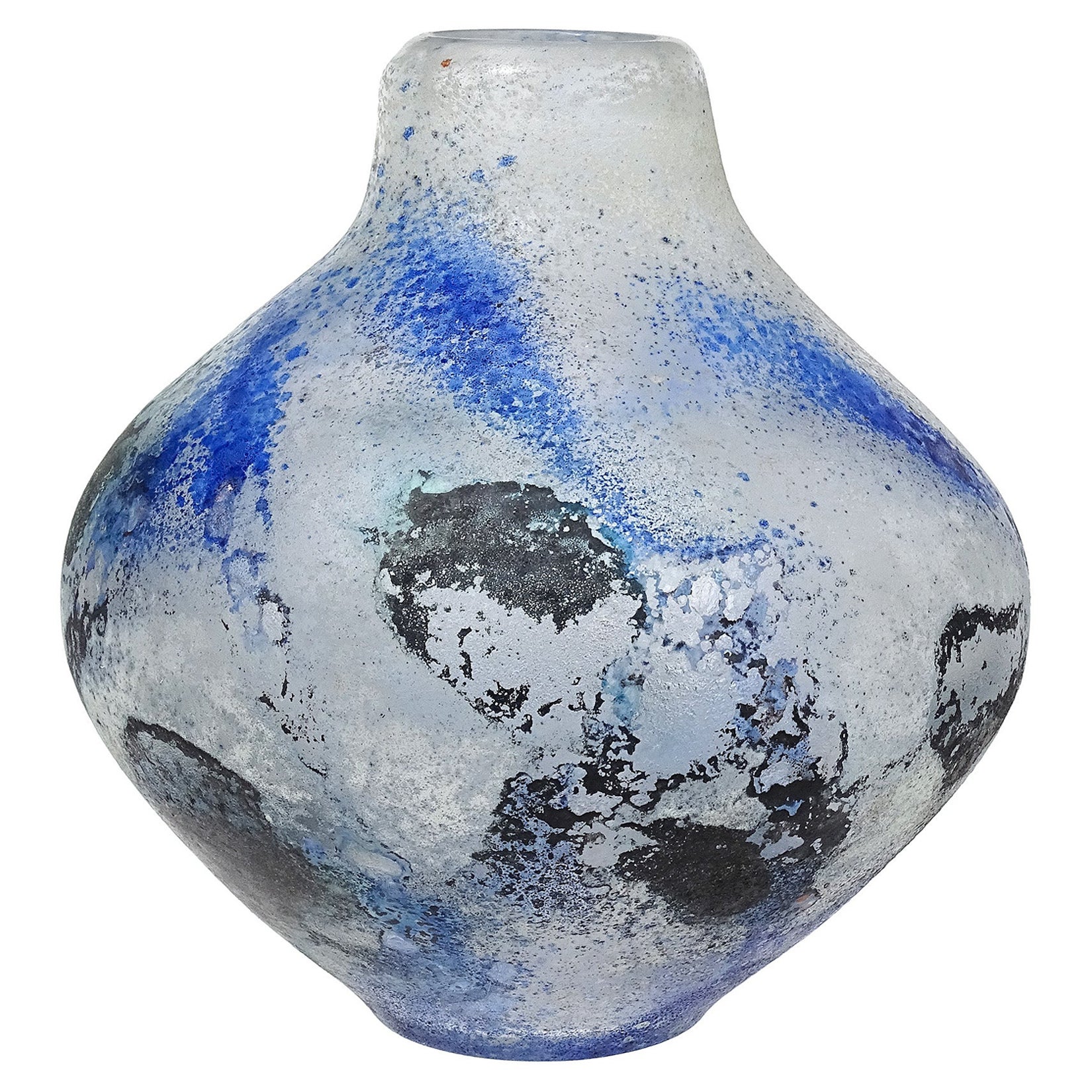 Seguso Arte Vetro Murano Blue Black Abstract Scavo Italian Art Glass Flower Vase