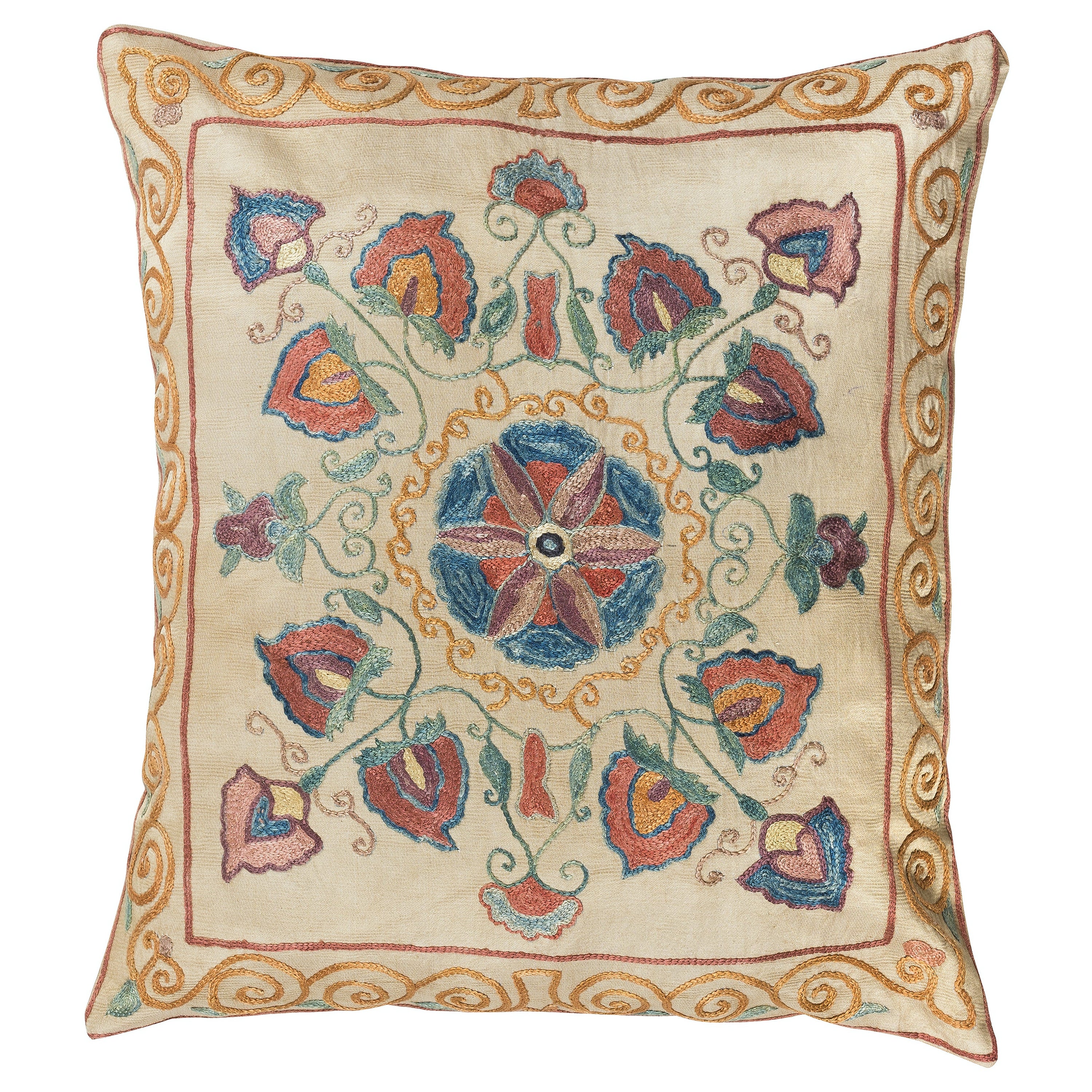 Uzbek Suzani Fabric Cushion Cover. All Silk. Hand Embroidered Pillowcase 19"x21"