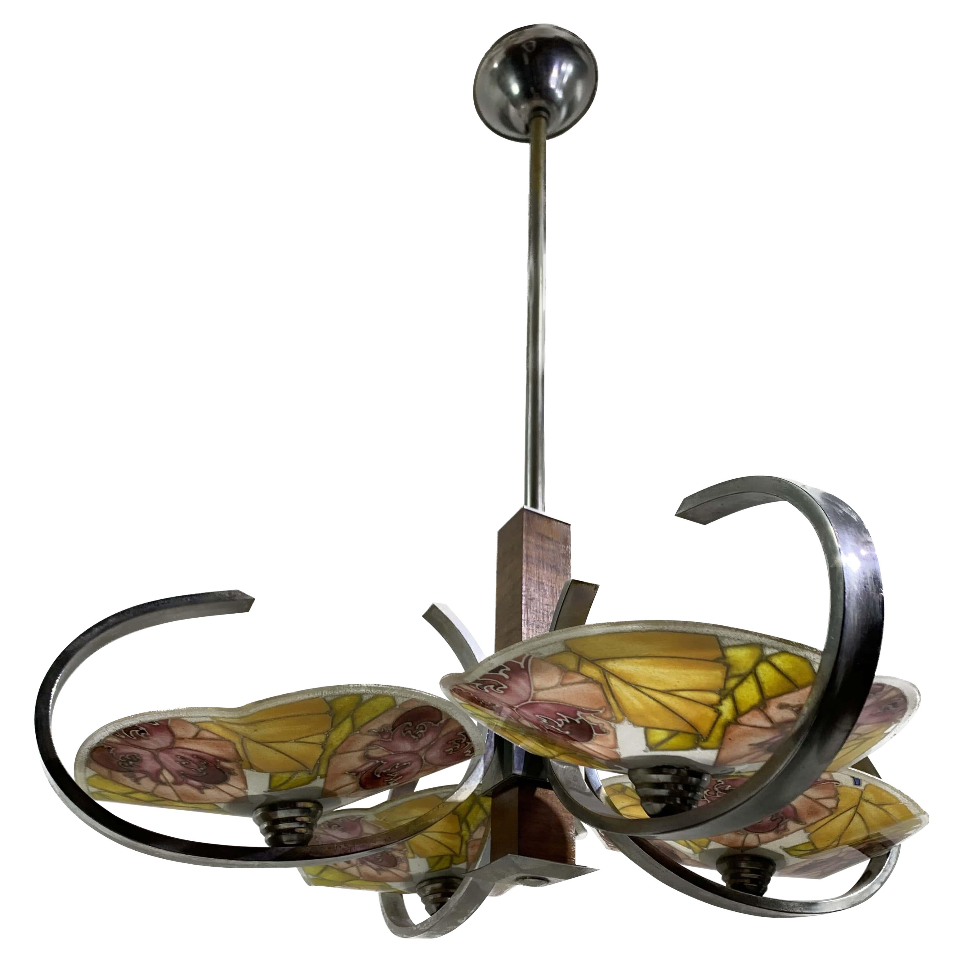 Französischer Art Déco-Kronleuchter aus farbigem Glas